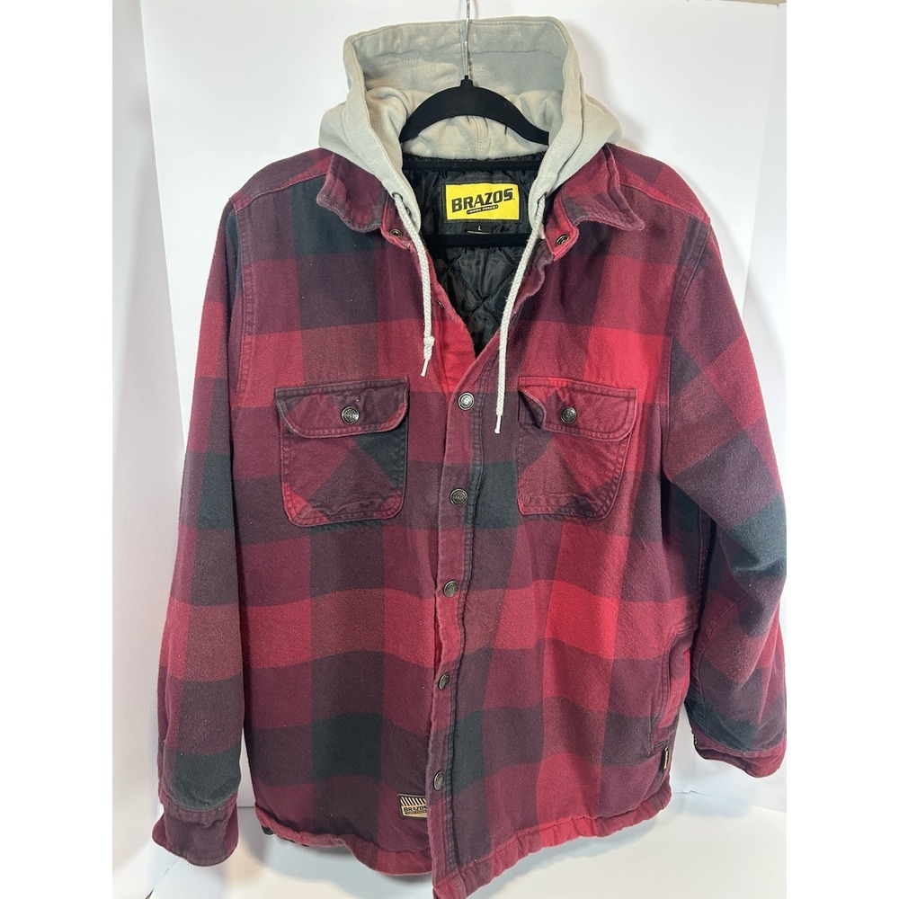 Brazos Thick Red Buffalo Plaid Flannel Hooded‎ Jacket Size Large Y2K Warm